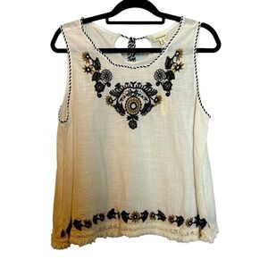 Max Studio 100% Cotton Embroidered Sleeveless Top Tassel Tie Back & Fringe Hem
